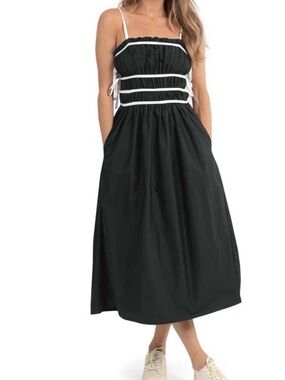 Black and White Smocked Midi Dress Tie Sides